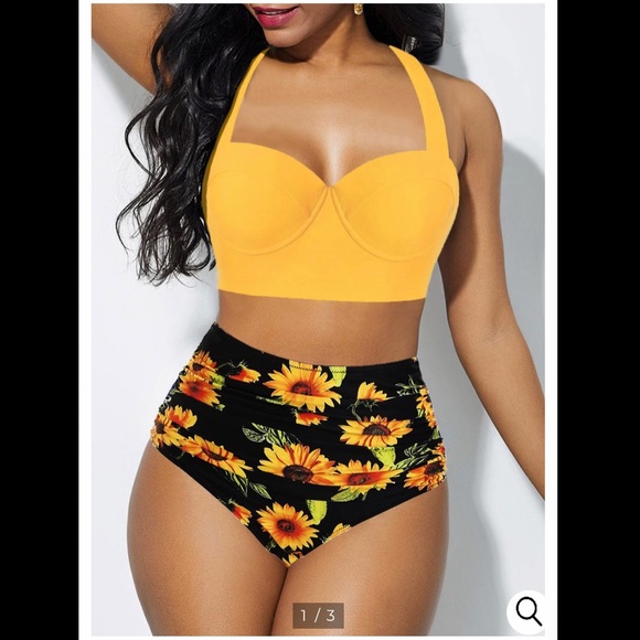 High waisted 2 piece swim suit. Yellow Sunflower - Picture 2 of 4